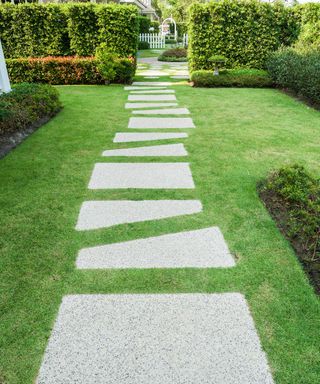 concrete stepping stones across lawn