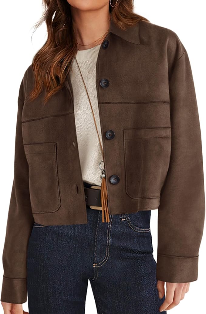 PRETTYGARDEN, Faux Suede Cropped Jacket