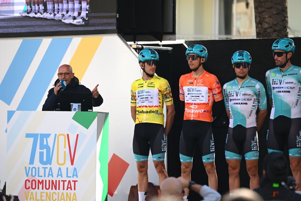 CANALS SPAIN FEBRUARY 01 LR Alessandro Tonelli of Italy Yellow Leader Jersey and Manuele Tarozzi of Italy and Team VF GroupBardiani CSF Orange Points Jersey prior to the 75th Volta a la Comunitat Valenciana 2024 Stage 2 a 1627km stage from Canals to Mancom de la Valldigna on February 01 2024 in Canals Spain Photo by Dario BelingheriGetty Images