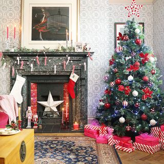 Christmas living room with Christmas tree and fireplace