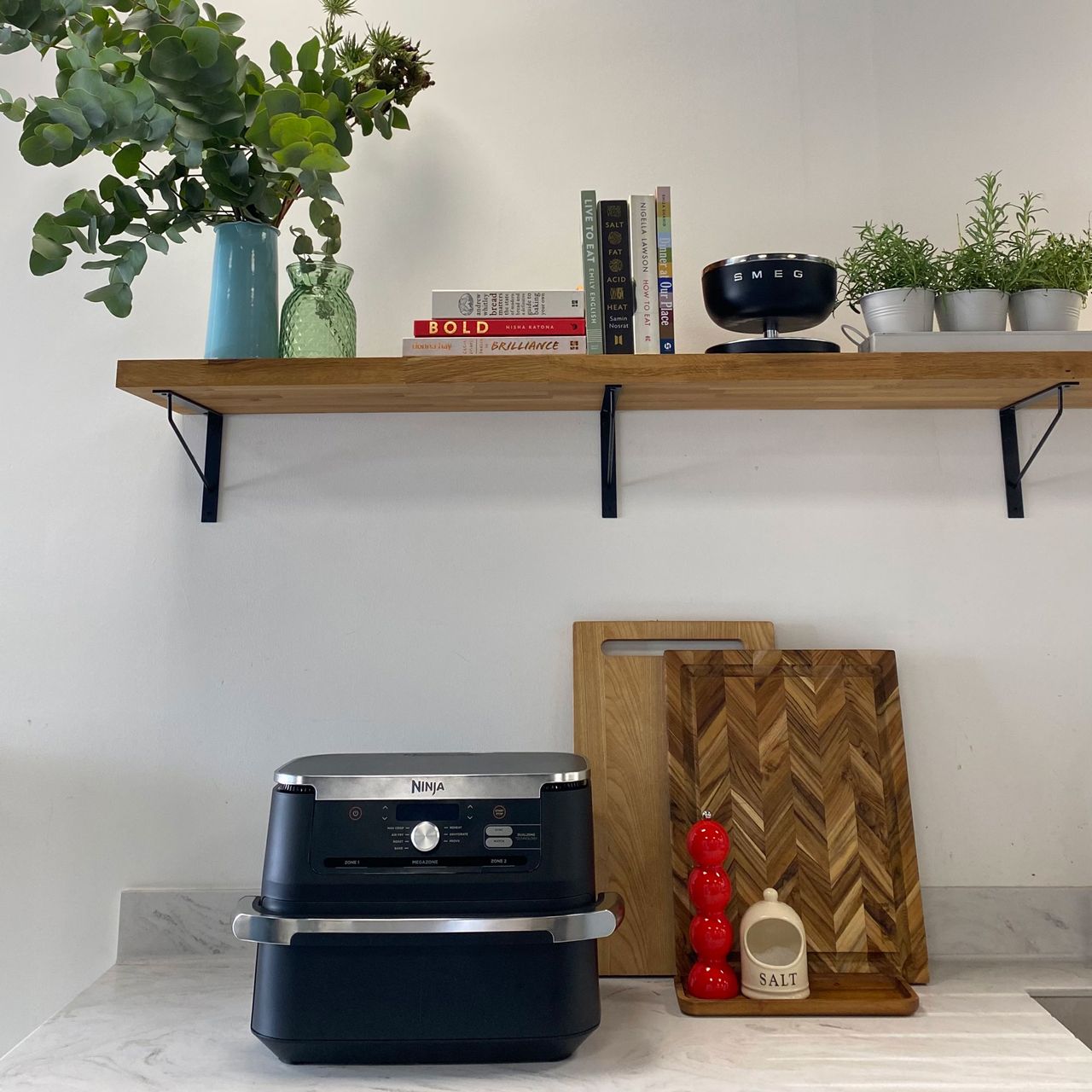 Ninja flexdrawer air fryer on white kitchen counter