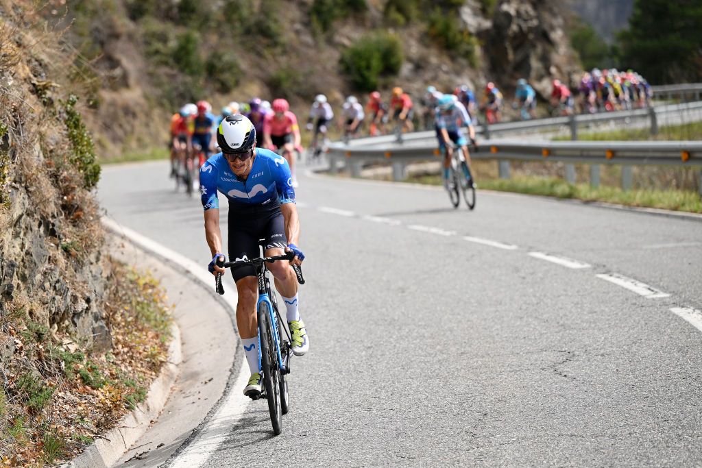 PORT AINE SPAIN MARCH 20 Javier Romo of Spain and Movistar Team attacks during the 103rd Volta Ciclista a Catalunya 2024 Stage 3 a 1767km stage from Sant Joan de les Abadesses to Port Aine 1967m UCIWT on March 20 2024 in Port Aine Spain Photo by David RamosGetty Images