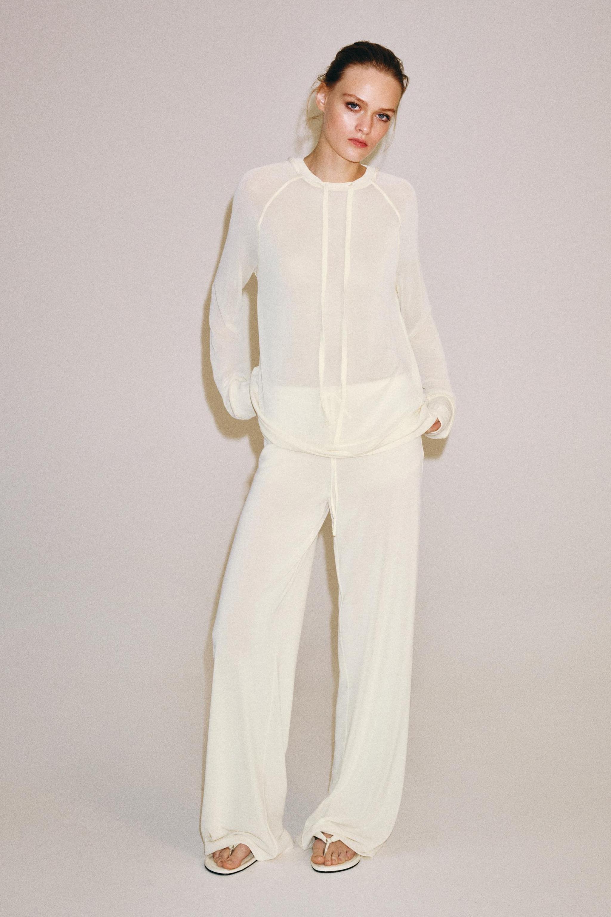 Semi-Sheer Flowing Trousers - Light Yellow - S