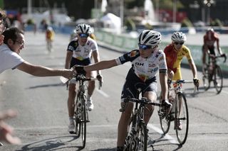 Cyclists compete in the inaugural Madrid Challenge by La Vuelta.