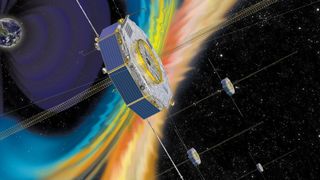An artist's illustration shows the four MMS spacecraft in orbit within Earth's magnetic field.