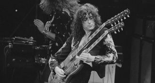 Jimmy Page plays a Gibson EDS-1275 onstage in 1975