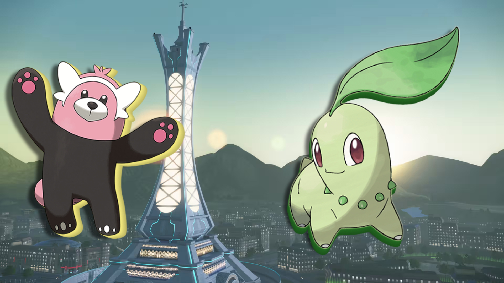 Bewear and Chikorita against a Lumiose City skyline