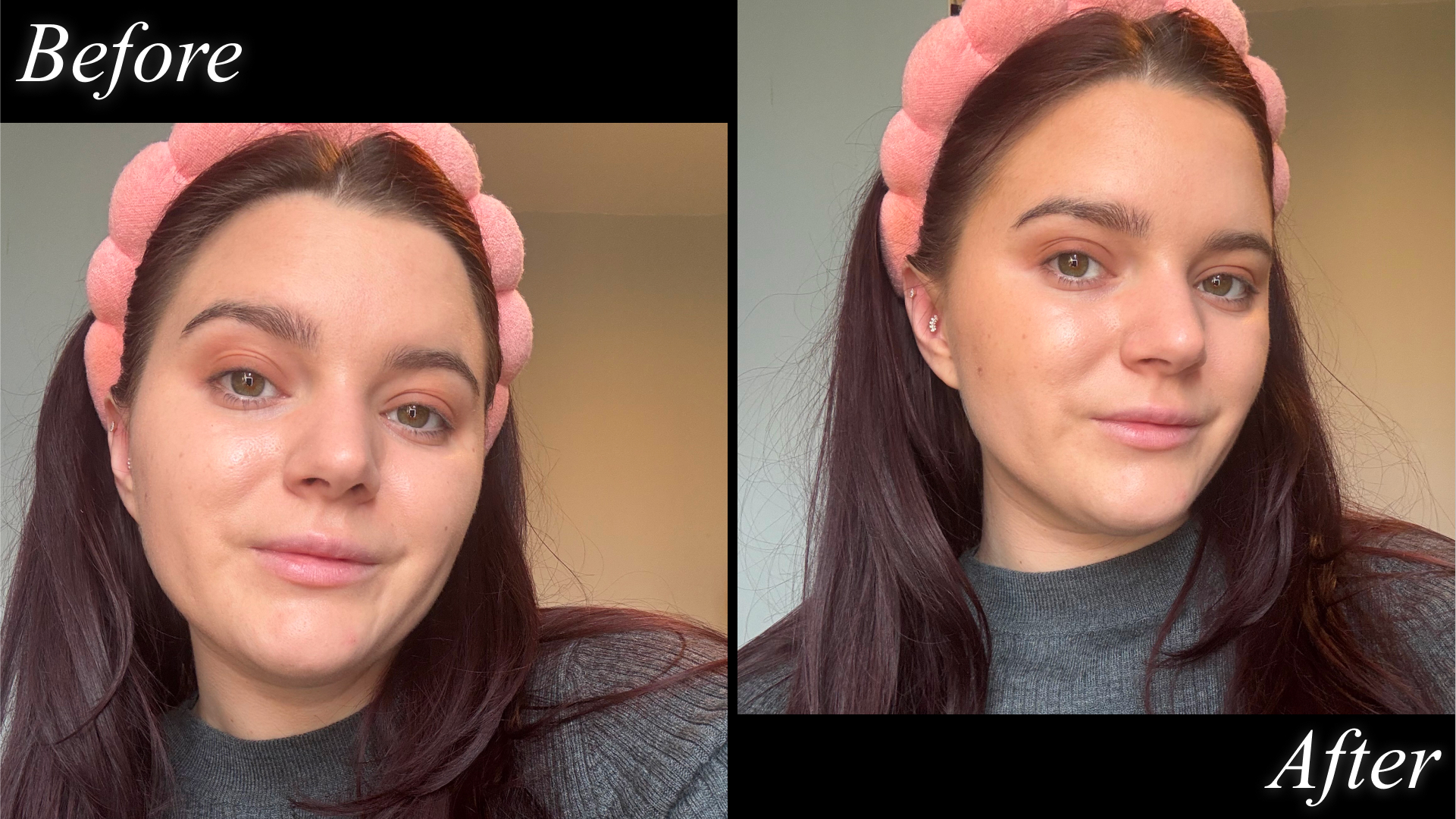 split image of brooke knappenberger testing merit beauty bronze balm in clay with before and after text on black background