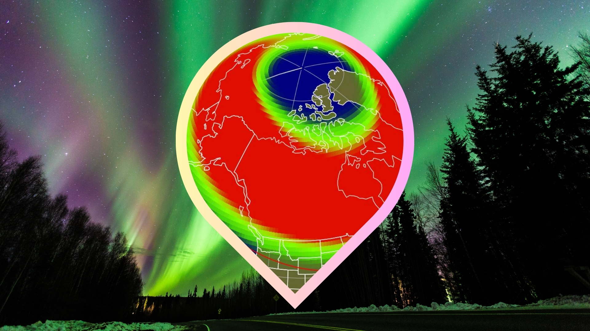 graphic showing the extent of the auroral oval over 21 US states tonight and a background showing a vibrant aurora display.