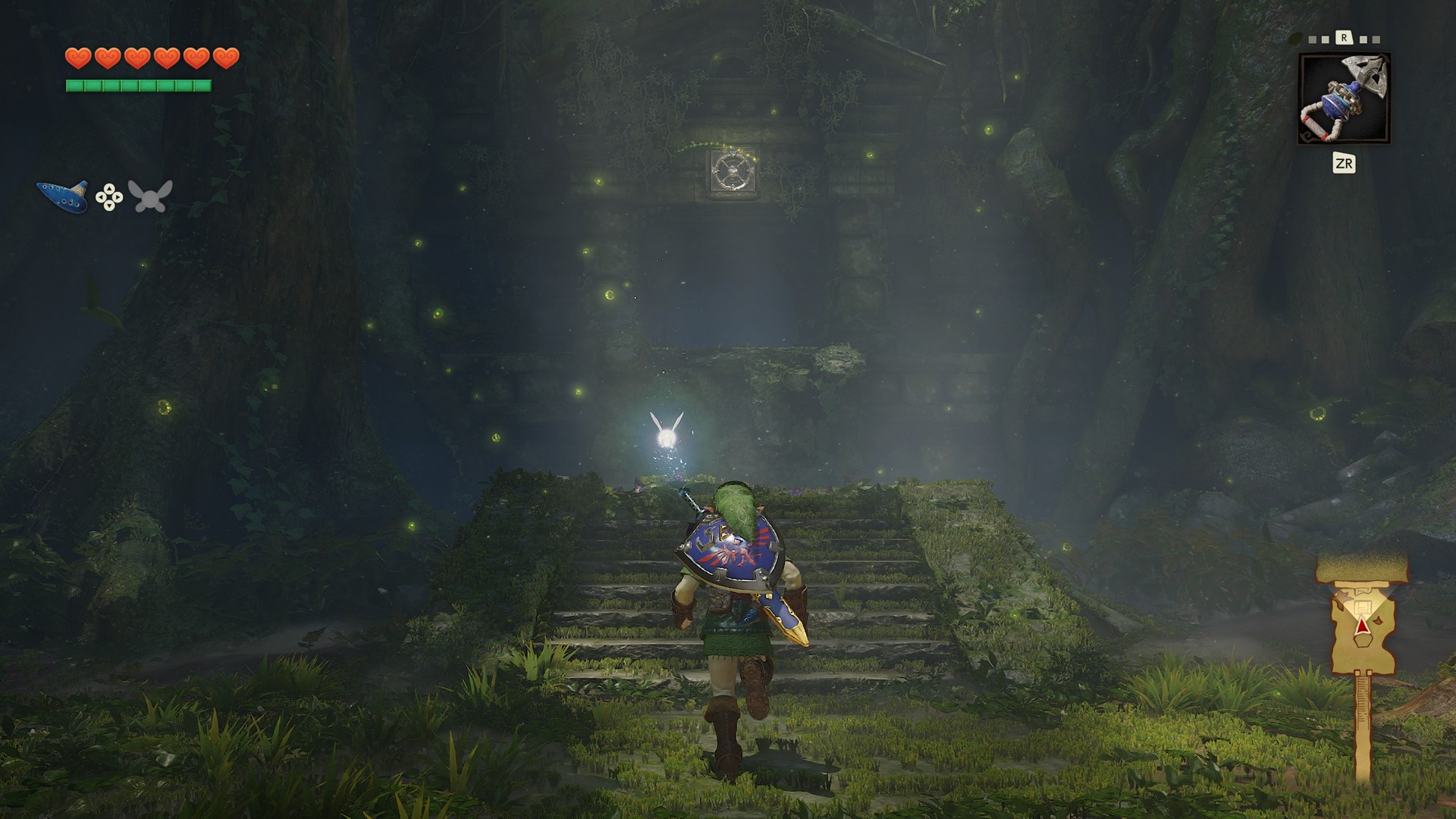 Adult Link approaches the crumbled steps at the entrance to the Forest Temple in The Legend of Zelda: Ocarina of Time remake