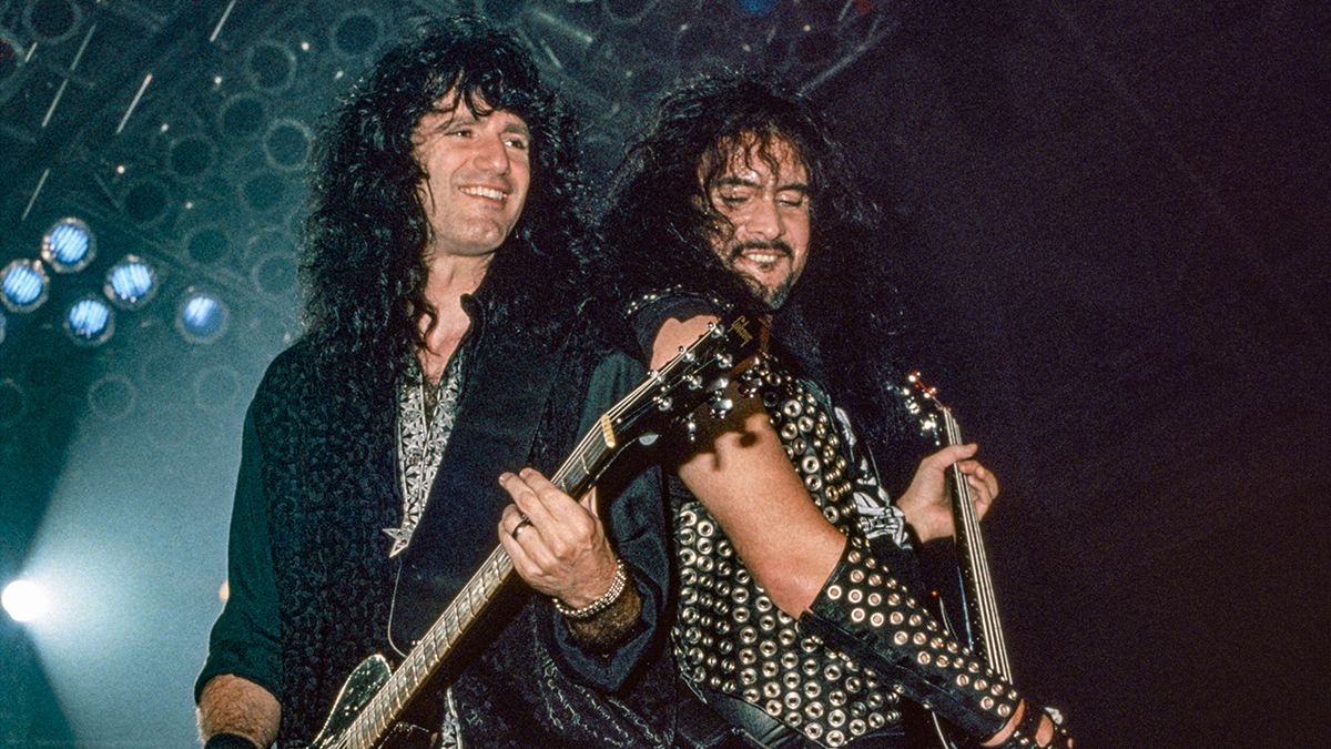 Kiss guitarist Bruce Kulick and bassist Gene Simmons perform at Stabler Arena on October 1, 1992, in Bethlehem, Pennsylvania