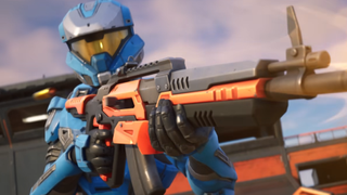 In Fortnite Chapter 6 Season 4, titled Shock 'n Awesome, a character wearing a blue Halo United Nations Space Command skin fires a black-and-orange assault rifle