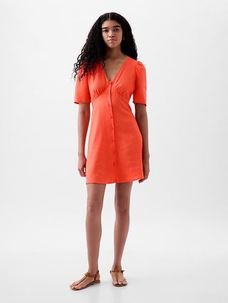 Linen-Blend Button Mini Dress