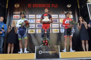 Michael Matthews, Philippe Gilbert and Tony Gallopin on the podium after the 2014 Brabantse Pijl