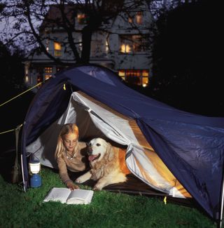 garden activities for kids: backyard camping with dog