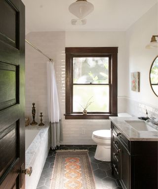 alabaster painted bathroom by jamie haller with wood accents