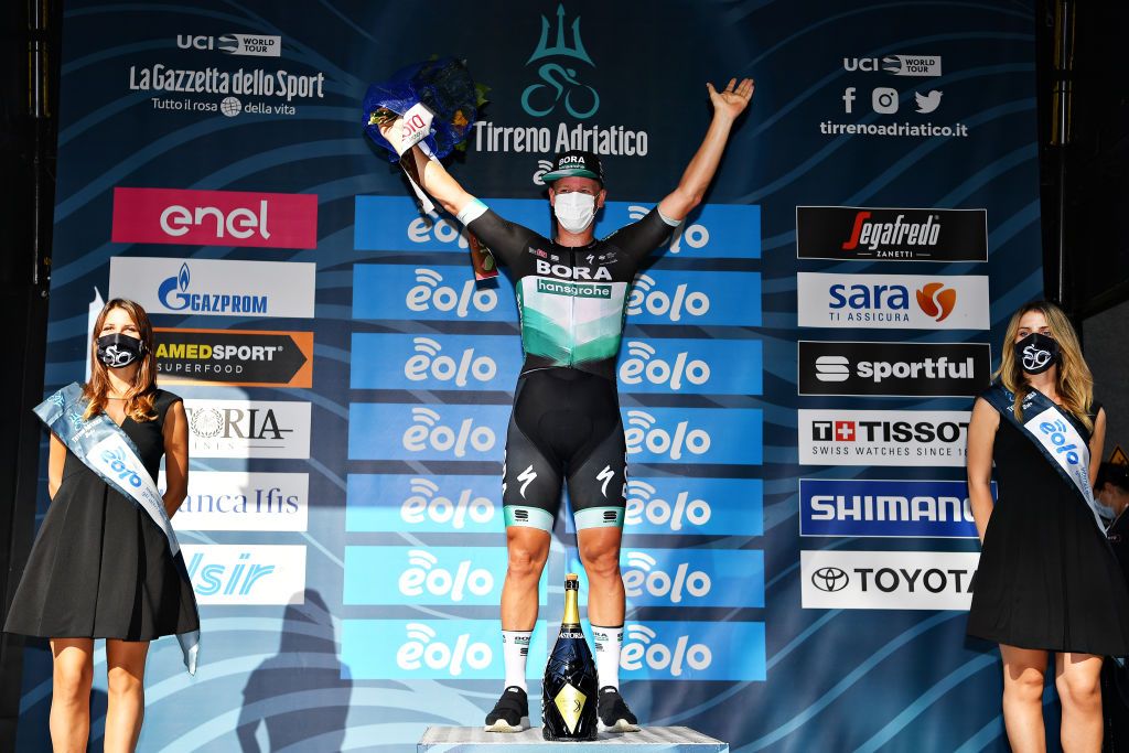 FOLLONICA ITALY SEPTEMBER 08 Podium Pascal Ackermann of Germany and Team BoraHansgrohe Celebration Champagne Miss Hostess during the 55th TirrenoAdriatico 2020 Stage 2 a 201km stage from Camaiore to Follonica TirrenAdriatico on September 08 2020 in Follonica Italy Photo by Justin SetterfieldGetty Images