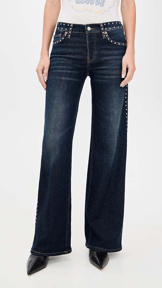 Re/done Studded Mid Rise Wide Leg Jeans