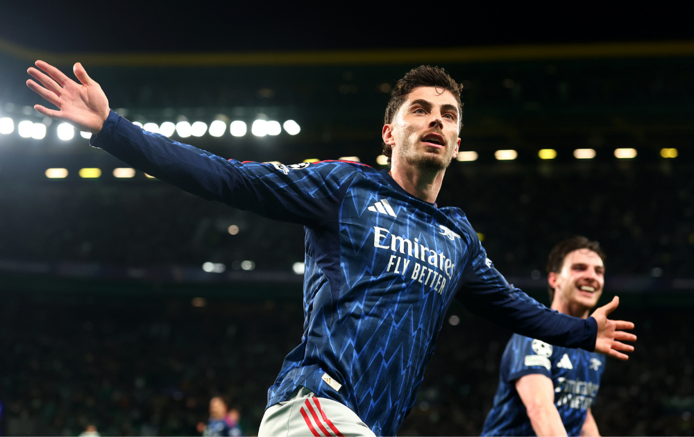 Kai Havertz of Arsenal celebrates scoring a goal to make the score 0-1 during the UEFA Champions League 2025/26 Quarter-Final First Leg match between Sporting Clube de Portugal and Arsenal FC