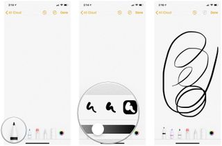 How to use the Pen, Marker, and Pencil tools by showing steps: Select your tool, tap again to select size and opacity, then draw
