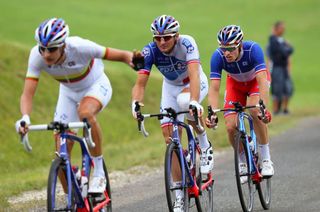 Arnaud Demare on the wheel on FDJ teammates Mickaël Delage and Ignatas Konovalovas