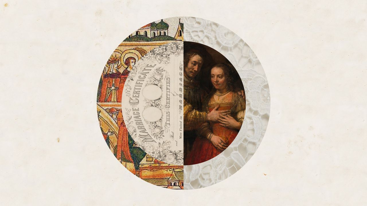 Photo collage of a medieval depiction of a wedding, a marriage contract, &quot;The Jewish Bride&quot; by Rembrandt van Rhijn, and modern white bridal lace. The images form a ring together, split into two halves.