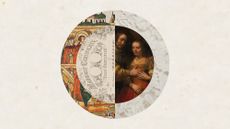 Photo collage of a medieval depiction of a wedding, a marriage contract, "The Jewish Bride" by Rembrandt van Rhijn, and modern white bridal lace. The images form a ring together, split into two halves.