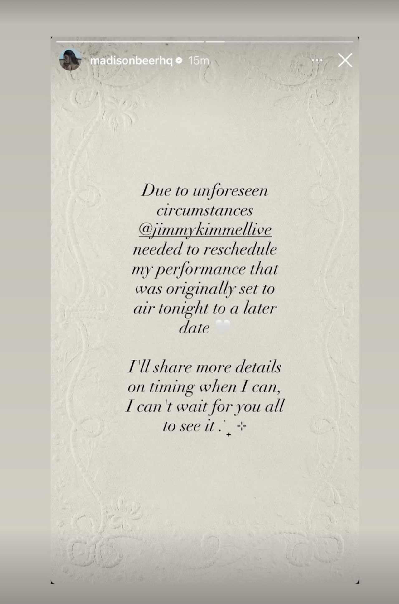 Madison Beer&#039;s Instagram story about her appearance on Jimmy Kimmel Live being postponed