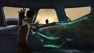 Screenshot from the animated T.V. show Star Wars Rebels. Ezra Bridger (male, short dark blue hair, thick eyebrows, orange vest jacket) has one arm outstretched in front of him and one behind as he is using the Force to control/communicate to a creature with giant tentacles to crush the spaceship he's in and attack General Thrawn in front of him (you can only see the back of his head amid the giant tentacles).