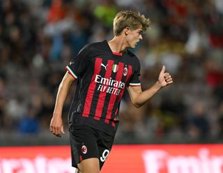 Charles De Ketelaere of AC Milan reacts during the Pre-season Friendly match between Vicenza and AC Milan at Stadio Romeo Menti on August 06, 2022 in Vicenza, Italy.