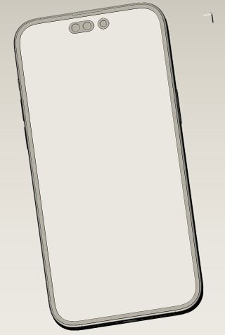 A leaked CAD file of the iPhone 14 Pro Max, showing the whole phone from the front
