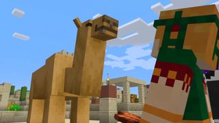 Minecraft 1.20 - A camel looks down on a player from above.