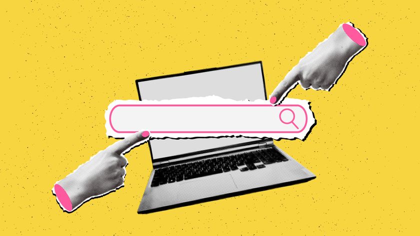 Collage of a web browser, with a laptop computer with a search bar and cut-out hands pointing at it