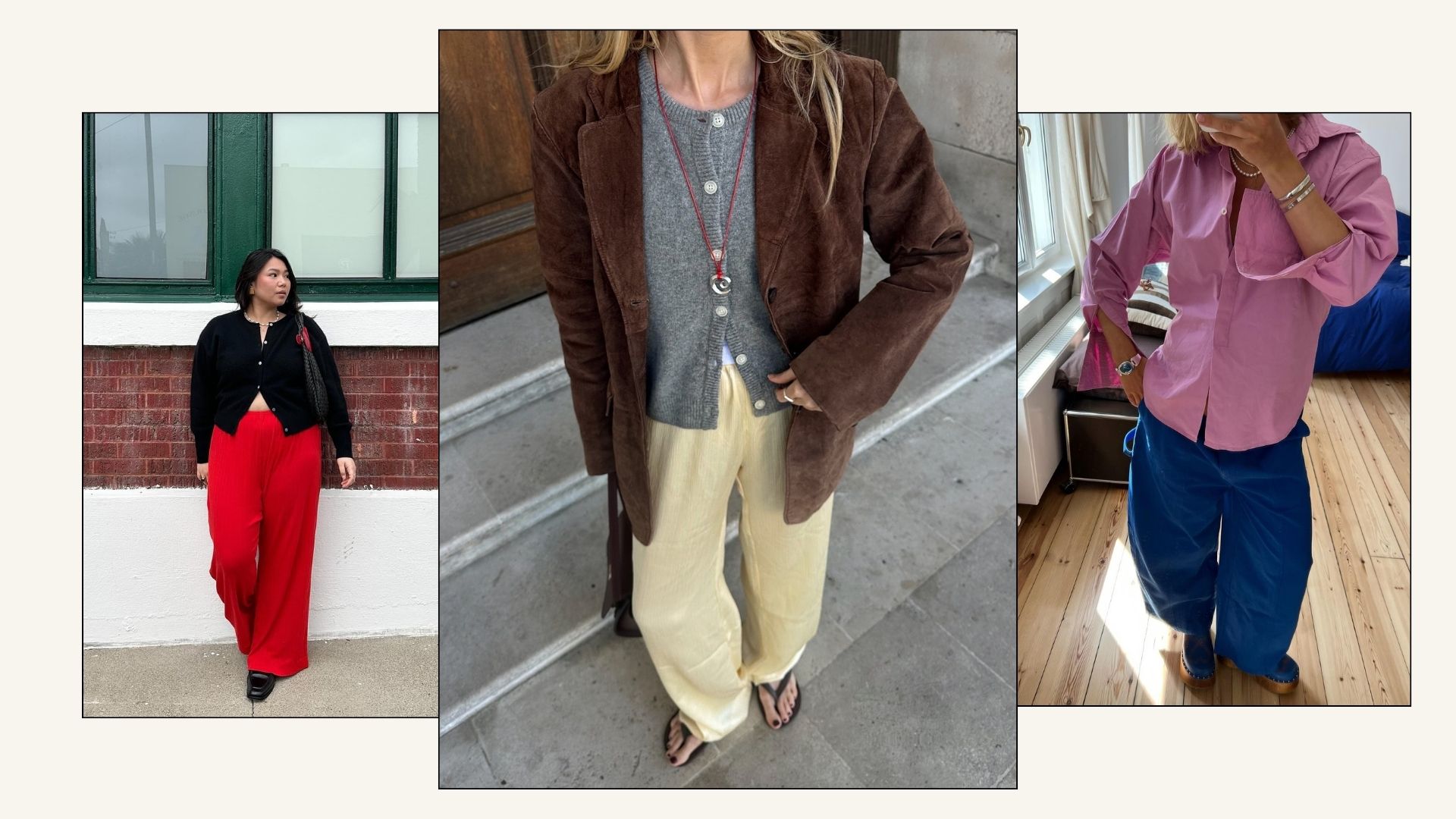 Influencers wear red, butter yellow and cobalt blue trousers with cardigans and shirts.