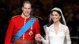TRH Prince William, Duke of Cambridge and Catherine, Duchess of Cambridge smile following their marriage at Westminster Abbey on April 29, 2011 in London, England.