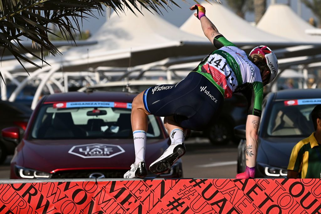 ABU DHABI UNITED ARAB EMIRATES FEBRUARY 12 Lorena Wiebes of The Netherlands and Team SD Worx Green Points Jersey after the 1st UAE Tour Women 2023 Stage 4 a 119km stage from Fatima Bint Mubarak Ladies Sports Academy to Abu Dhabi Breakwater UAETourWomen UCIWWT on February 12 2023 in Abu Dhabi United Arab Emirates Photo by Tim de WaeleGetty Images