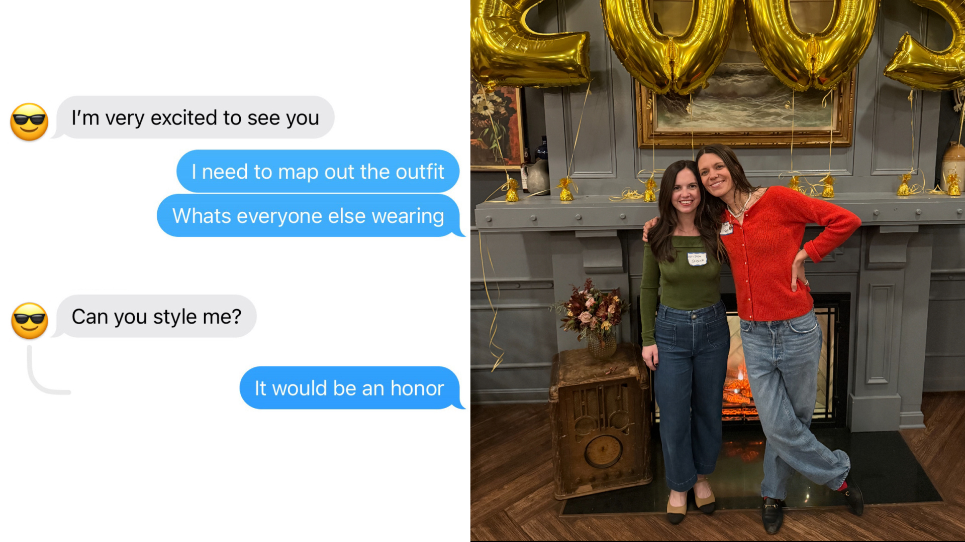 A screenshot of text messages discussing high school reunion styling; Julia Gall and a friend at their high school reunion