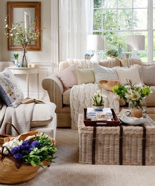 a nuetral living room with a large window with white window panes, cosy cream couches with cushions and blankets, a wicker trunk coffee table and a basket of flowers