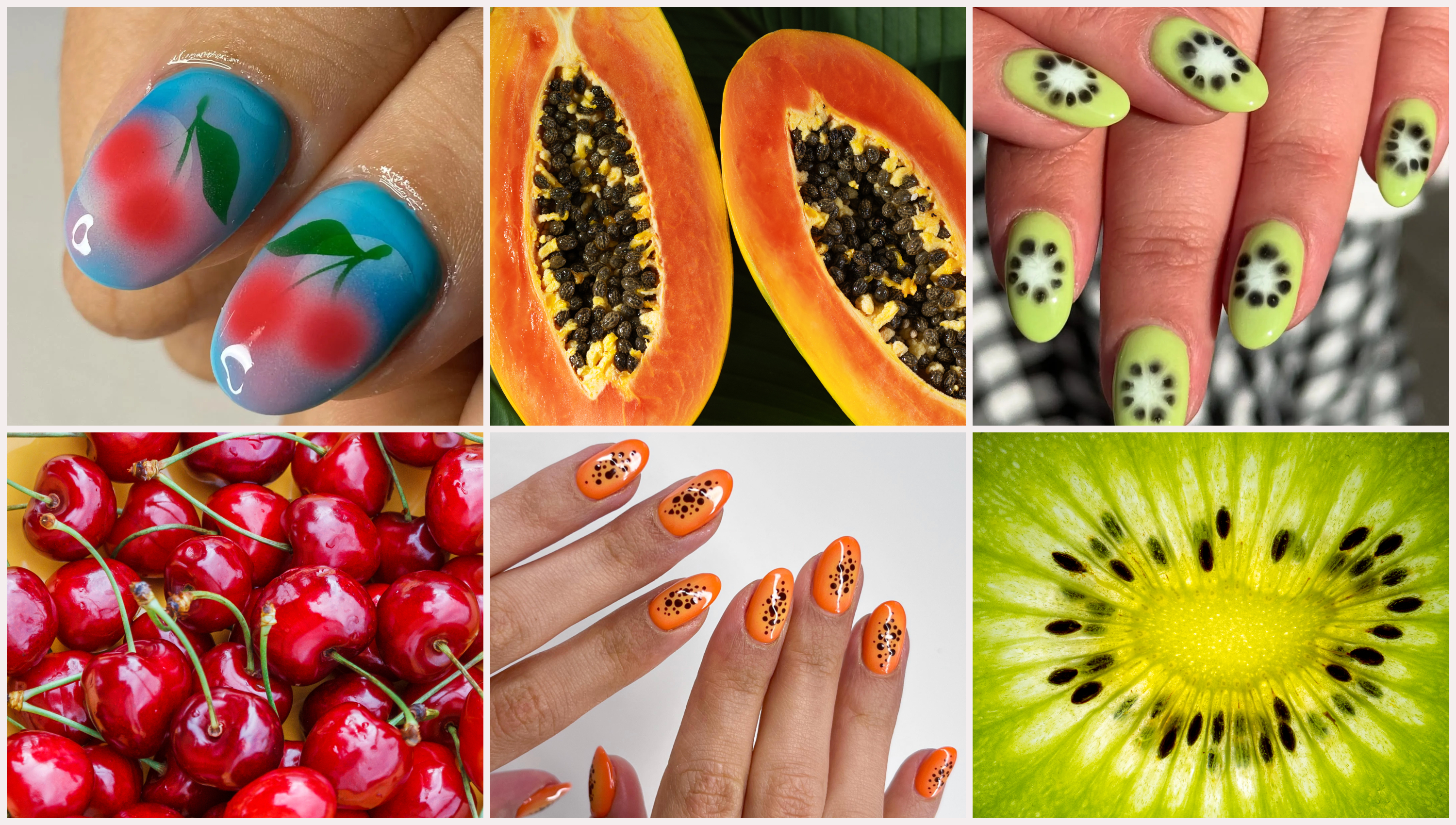fruit nail designs next to cherries, papaya, and kiwi on a grid background