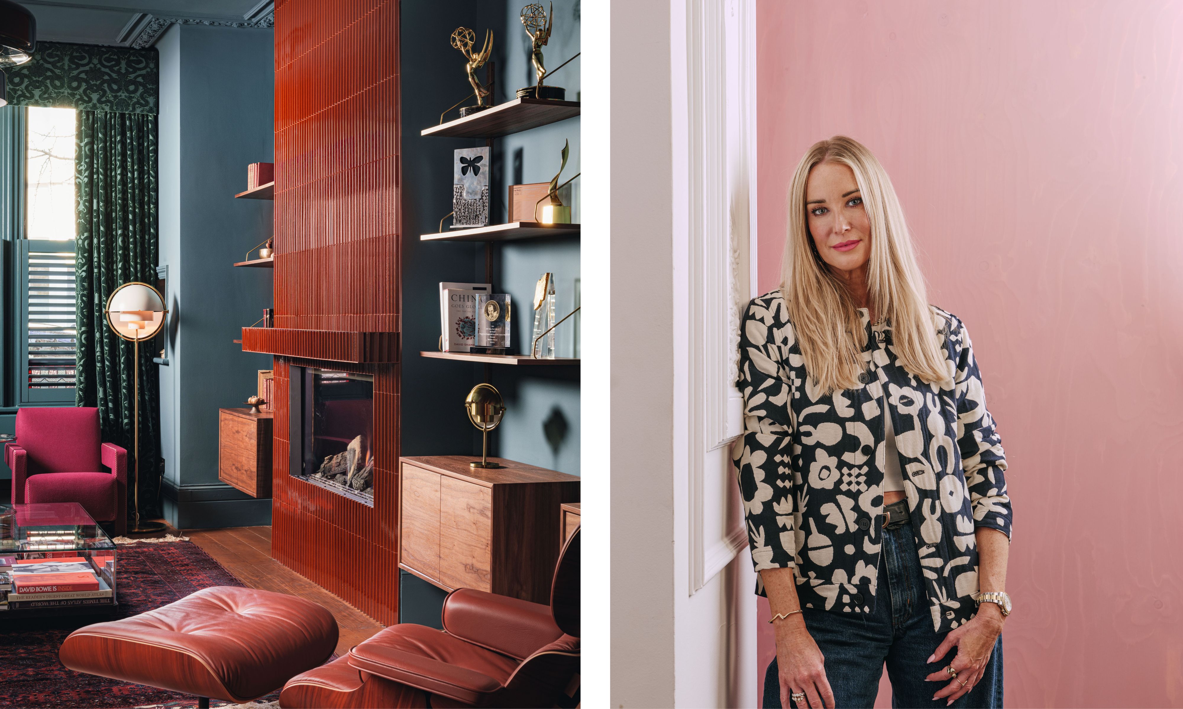 A teal living room with a tall, fluted terracotta fireplace. Right: Designer Zoe Willis in a black and white patterned jacket leans against a white wall next to a pink panel.