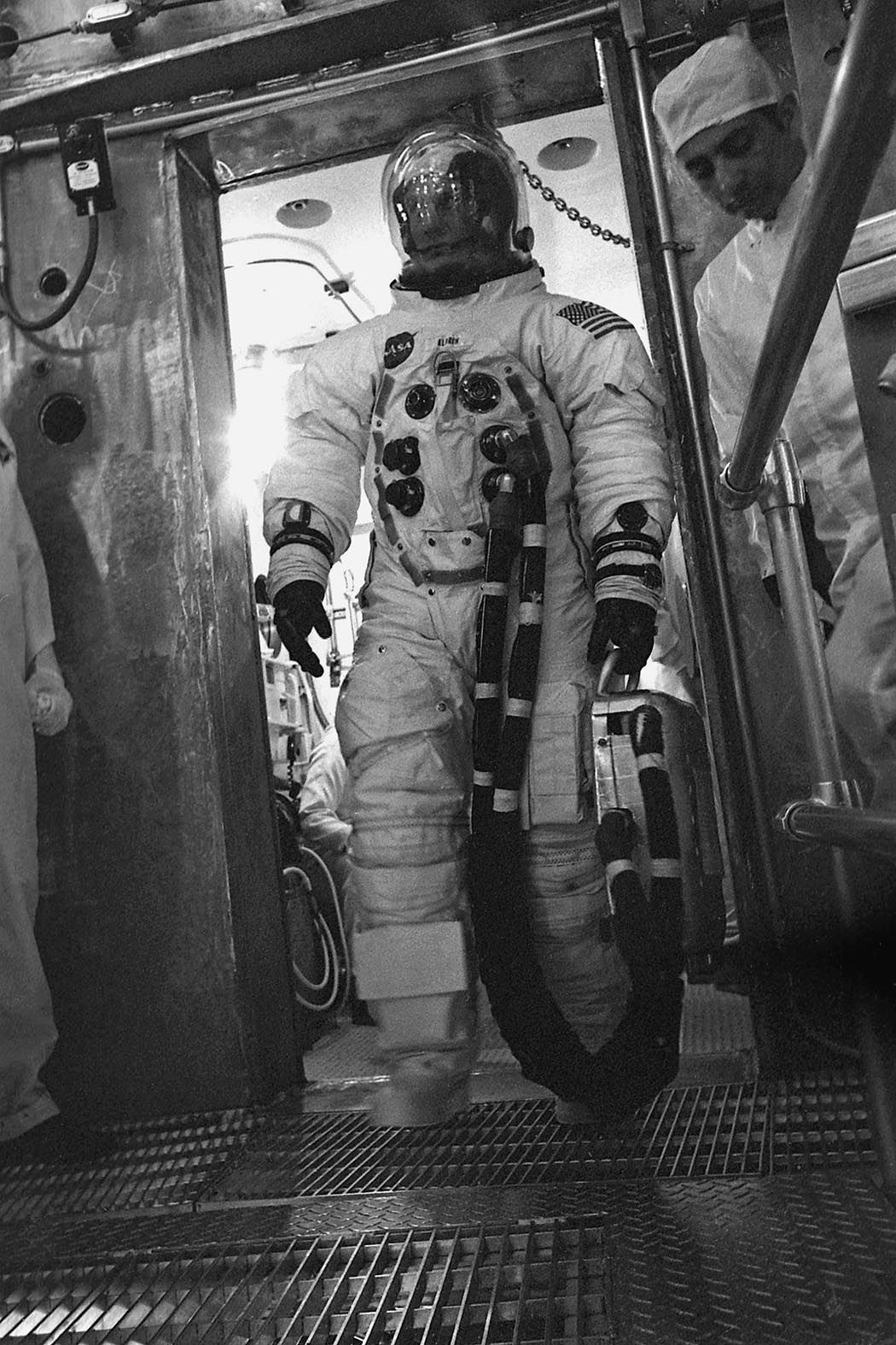 Buzz Aldrin as he enters altitude chamber R on March 21 to join Neil Armstrong for the chamber test.