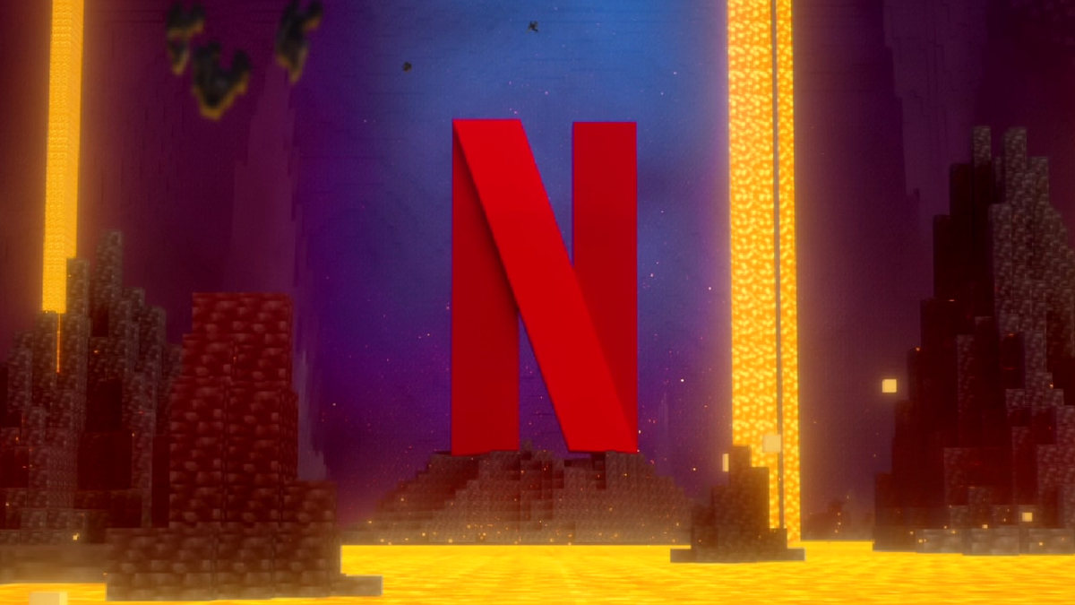 A giant N looming over a lava-infested nether in Minecraft&#039;s upcoming netflix series.