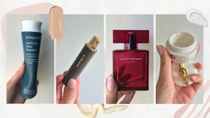 Collection of four product empties photos (L-R) including a Living Proof shampoo, Merit Beauty foundation stick, Narciso Rodriguez perfume and Tatcha eye cream, on a white background with swatches