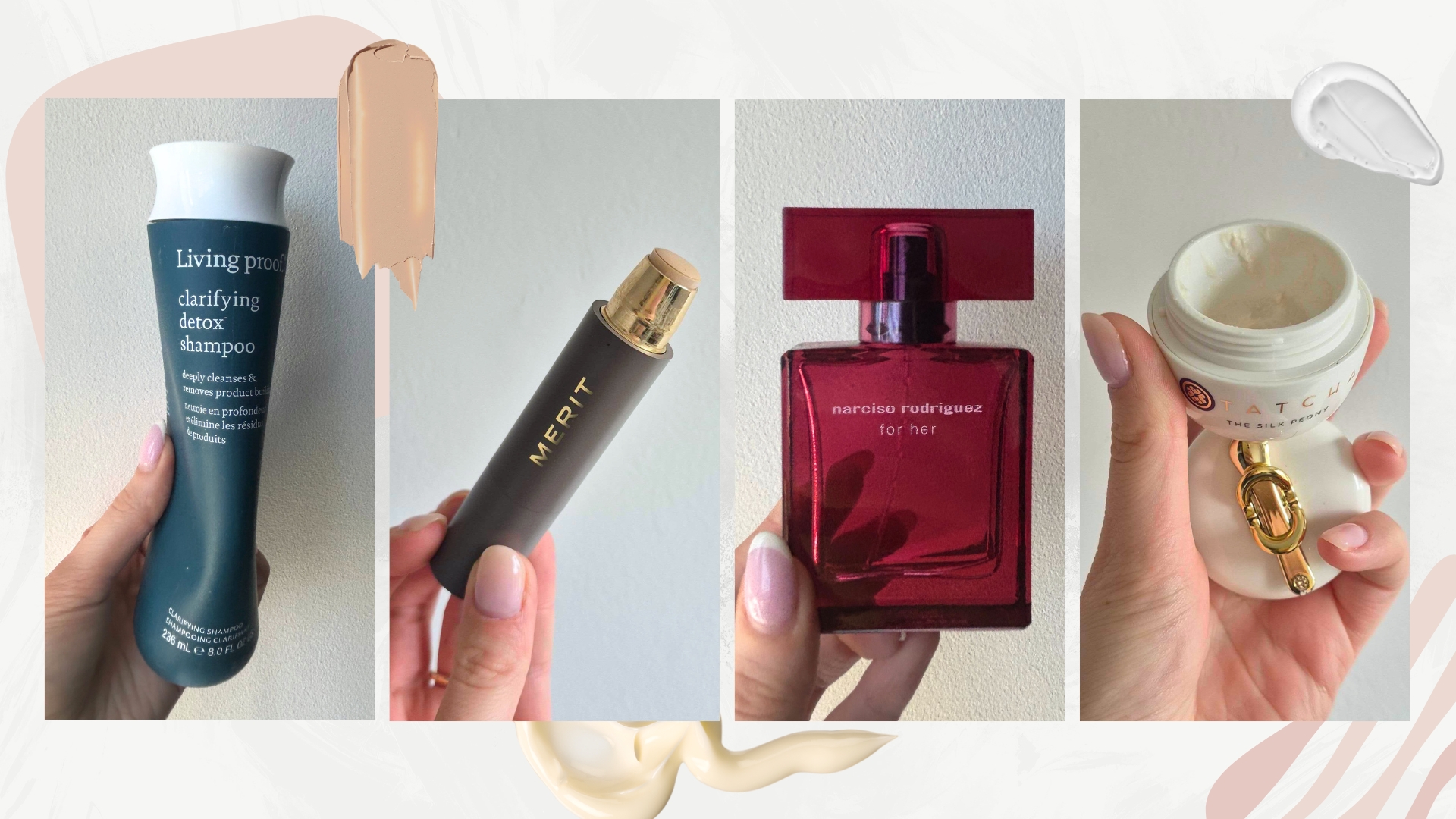 Collection of four product empties photos (L-R) including a Living Proof shampoo, Merit Beauty foundation stick, Narciso Rodriguez perfume and Tatcha eye cream, on a white background with swatches