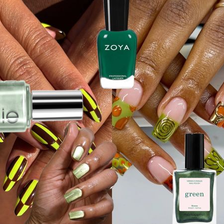 collage of green nails with green nail polish