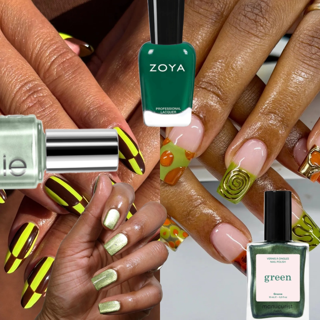 collage of green nails with green nail polish