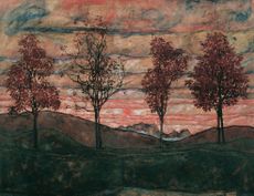 Four Trees, 1917, oil on canvas, 43½ by 55½in, by Egon Schiele (1890–1918), Belvedere, Vienna, Austria.