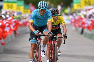 Jakob Fuglsang (Astana) and Richie Porte (BMC Racing) in the Yellow Leader Jersey stage 7 Tour de Suisse