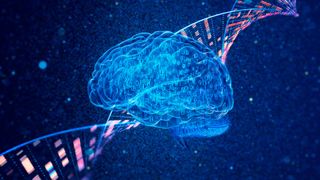 A creative illustration of a binary human brain and genomic DNA on a dark blue particle background