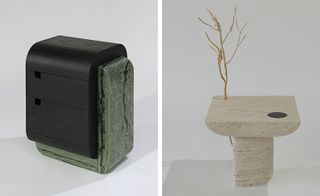 The photo to the left shows a bedside table with a black top that curves over the side, which is green and black, almost like a watermelon pattern. The photo to the right shows a beige bedsite table with a golden branch ground through the top.